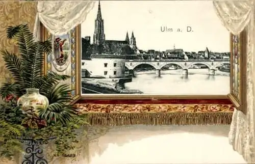 Präge Passepartout Ak Ulm an der Donau, Teilansicht, Münster, Brücke, Fenster