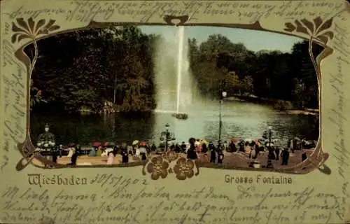 Jugendstil Präge Passepartout Ak Wiesbaden in Hessen, Große Fontaine