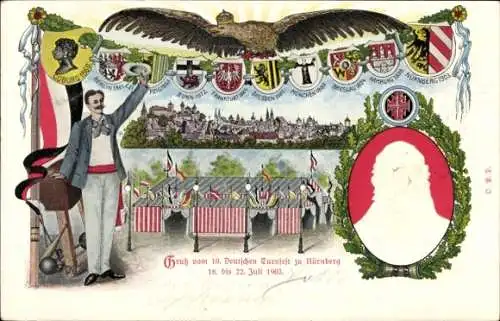 Wappen Präge Litho Nürnberg in Mittelfranken Bayern, 10. Deutsches Turnfest 1903, Turnvater Jahn