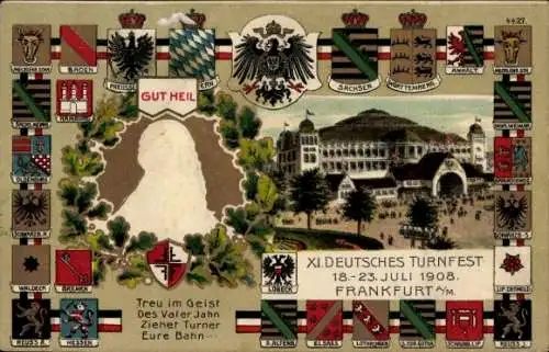 Präge Wappen Litho Frankfurt am Main, 11. Deutsches Turnfest 1908, Turnvater Jahn