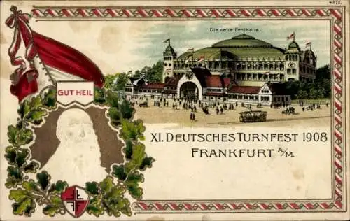 Präge Litho Frankfurt am Main, XI. Deutsches Turnfest 1908, Neue Festhalle, Turnvater Jahn