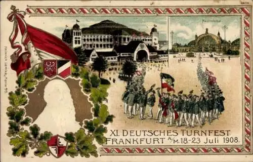 Präge Wappen Litho Frankfurt am Main, XI. Deutsches Turnfest 1908, Hauptbahnhof, Turnvater Jahn