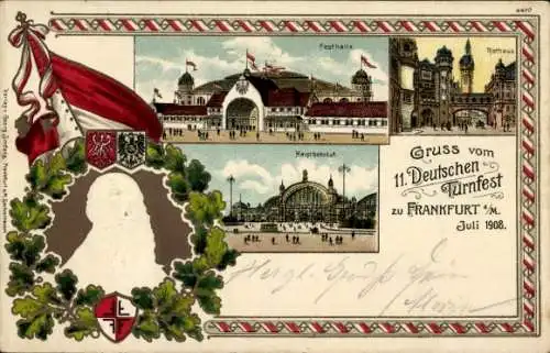 Präge Wappen Litho Frankfurt am Main, 11. Dt. Turnfest Juli 1908, Festhalle, Rathaus, Turnvater Jahn