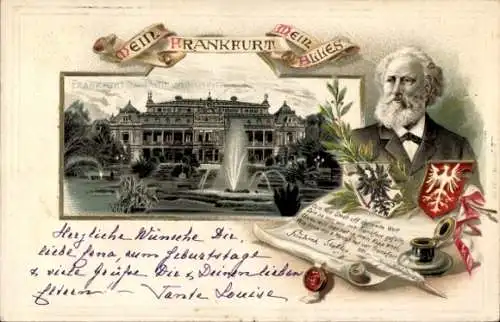 Präge Wappen Passepartout Litho Frankfurt am Main, Palmengarten, Friedrich Stoltze