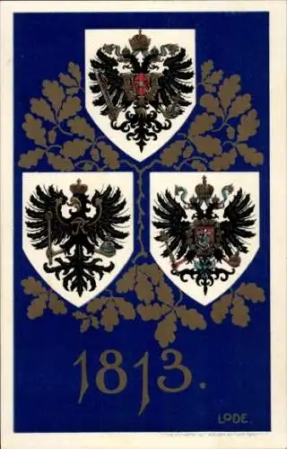 Wappen Künstler Ak Lode, Teplice Šanov Teplitz Schönau Region Aussig, Jahrhundertfeier 1813-1913