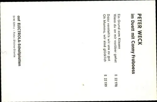 Ak Sänger Peter Weck, Electrola Schallplatten, Autogramm