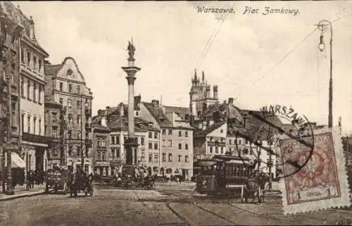 Ak Warszawa Warschau Polen, Plac Zamkowy, Schlossplatz, Straßenbahn