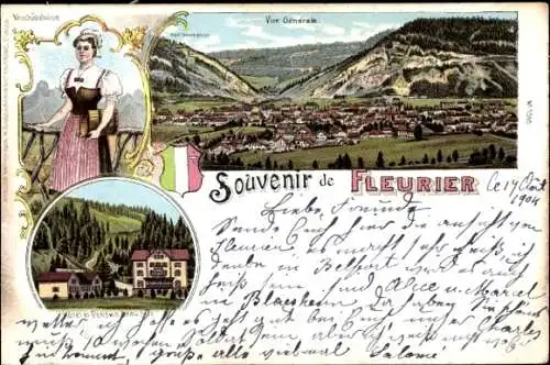 Litho Fleurier Val de Travers Kanton Neuenburg, Frau in Tracht, Panorama, Hotel