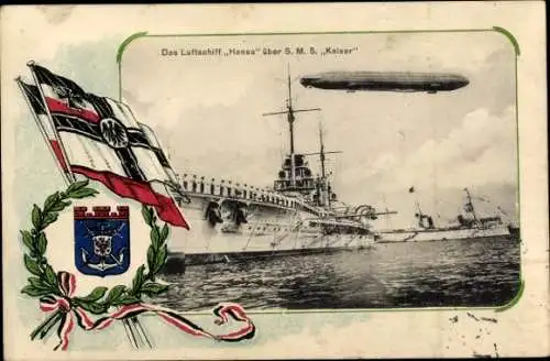 Ak Deutsches Kriegsschiff, Das Luftschiff Hansa über SMS Kaiser, Kaiserliche Marine, Zeppelin LZ 13