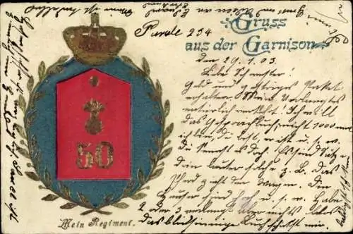 Regiment Präge Litho Mein Regiment, Schulterklappe 50, Gruß aus der Garnison