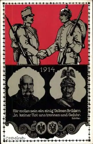 Künstler Ak Münch, C. H., Kaiser Wilhelm II., Kaiser Franz Joseph I., Soldaten, Schiller Zitat