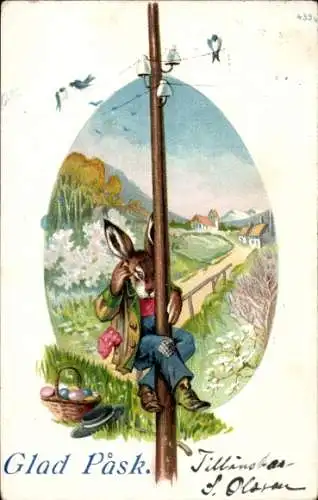 Litho Glückwunsch Ostern, Osterhase, Ostereier, Hochspannungsmast