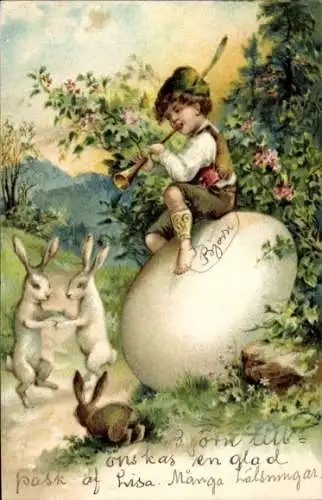 Präge Litho Ostern, Kind spielt Musikinstrument, tanzende Hasen, Osterei