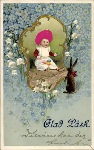 Stoff Präge Litho Glückwunsch Ostern, Kind, Ostereier, Osterhase, Maiglöckchen