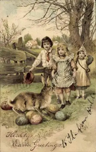 Präge Ak Glückwunsch Ostern, Kinder, Osterhase, Ostereier