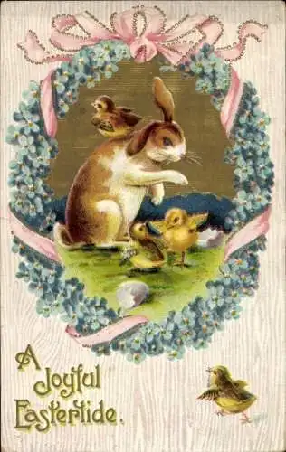 Präge Ak Glückwunsch Ostern, Osterhasen, Küken, Vergissmeinnicht