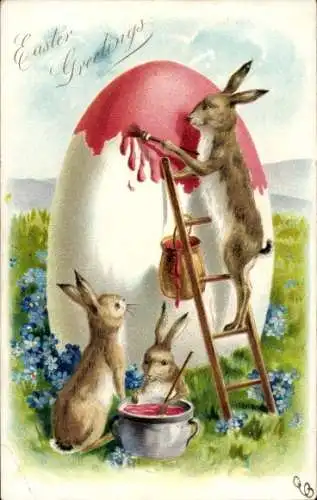 Präge Litho Glückwunsch Ostern, Hasen bemalen ein Osterei