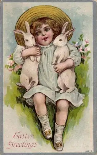 Präge Ak Glückwunsch Ostern, Kinder, Zwei weiße Hasen