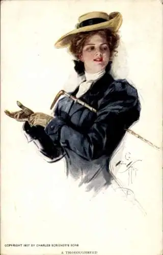 Künstler Ak Porträt einer jungen Frau, Hut, Handschuhe, Braune Haare