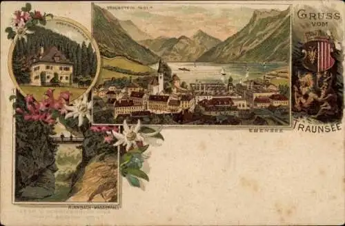 Litho Ebensee in Oberösterreich, Traunstein, Traunsee, Rinnbach-Wasserfall, Kreh-Wirtshaus