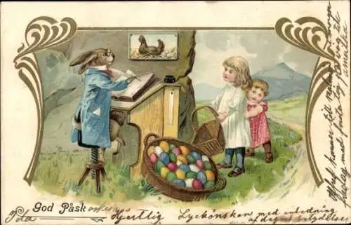 Litho Glückwunsch Ostern, Osterhase, Schreibtisch, Kinder, Ostereier