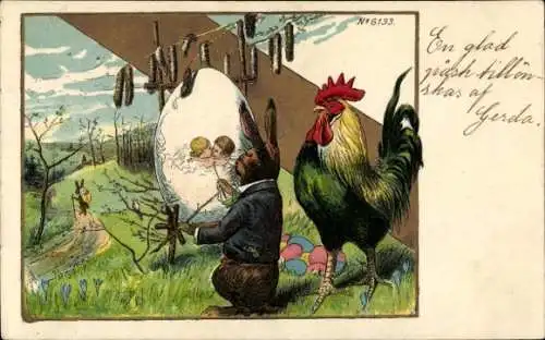 Litho Glückwunsch Ostern, Osterhase bemalt ein Ei, Hahn