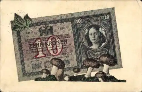 Ak Geldschein, Zehn Kronen, Pilze