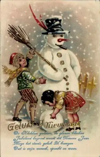 Präge Litho Glückwunsch Neujahr, Kinder bauen einen Schneemann