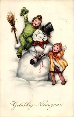 Ak Glückwunsch Neujahr, Kinder mit Schneemann, Klee, Sektflasche