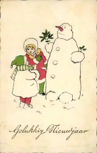 Ak Glückwunsch Neujahr, Kinder mit Schneemann