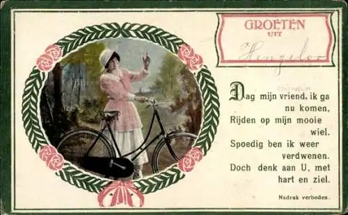 Passepartout Ak Frau mit Fahrrad, Radfahrerin