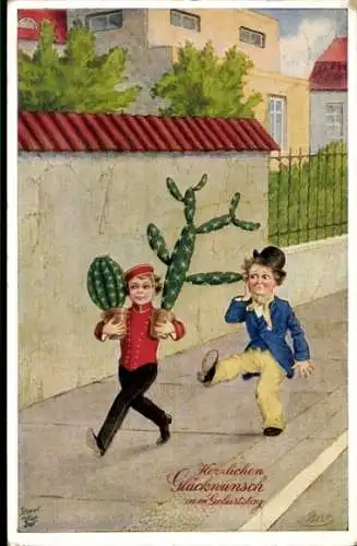 Künstler Ak Bert, Glückwunsch Geburtstag, Eilbotenbestellung, Kaktus, Mann