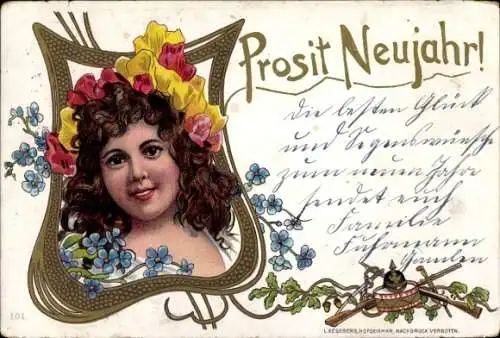 Litho Glückwunsch Neujahr, Mädchen-Porträt, Blumen