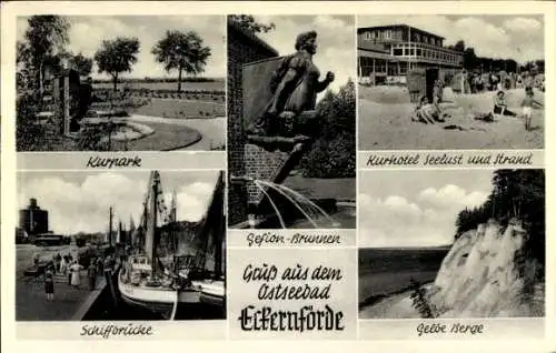 Ak Ostseebad Eckernförde, Kurpark, Schiffbrücke, Gefion-Brunnen, gelbe Berge, Kurhotel Seelust