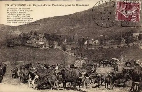 Ak La Celle Auvergne Puy de Dôme, Depart d'une Vacherie pour la Montagne