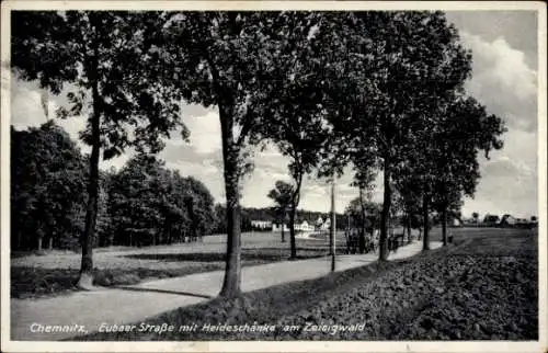 Ak Chemnitz Sachsen, Eubaer Straße mit Heideschänke am Zeisigwald, Allee