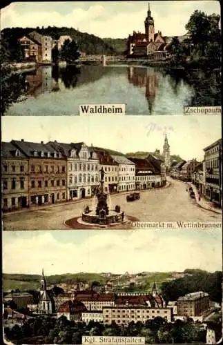 Ak Waldheim in Sachsen, Zschopautal, Obermarkt, Wettinbrunnen, königliche Strafanstalten