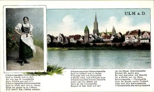 Gedicht Ak Ulm an der Donau, Teilansicht, Frau in Tracht
