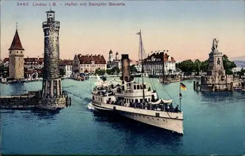 Ak Lindau am Bodensee Schwaben, Hafen mit Dampfer Bavaria