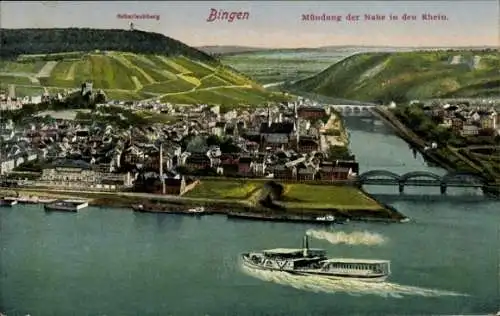 Ak Bingen am Rhein, Totalansicht, Scharlachberg, Mündung Nahe in Rhein