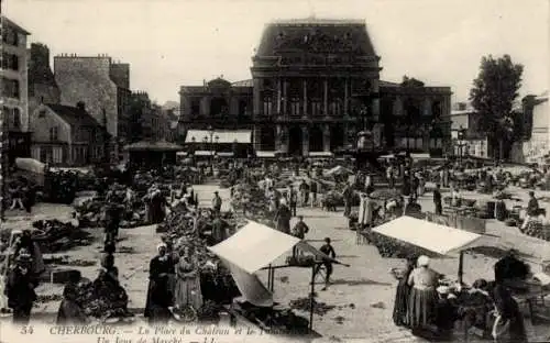 Ak Cherbourg Octeville Manche, La Place du Chateau und das Theater, Marktplatz