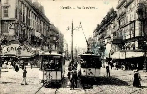 Ak Marseille Bouches du Rhône, Rue Cannebiere, Straßenbahnen