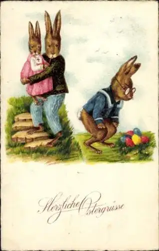 Ak Glückwunsch Ostern, Vermenschlichte Osterhasen, Ostereier