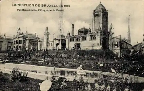 Ak Brüssel Brüssel, Ausstellung 1910, Pavillons von Italien, Uruguay und Herstal