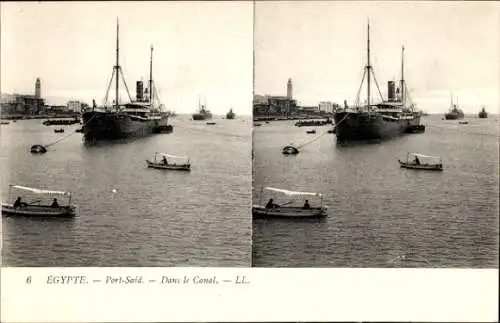 Stereo Ak Port Said Ägypten, Suezkanal, Dampfschiff