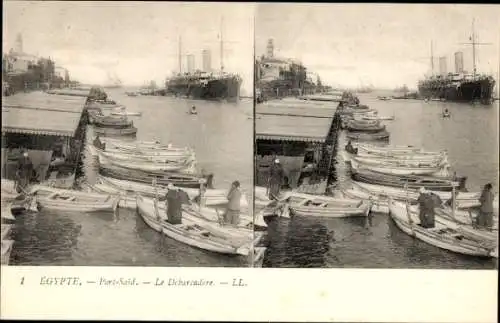 Stereo Ak Port Said Ägypten, Hafen, Dampfschiffe, Bootsanlegestelle