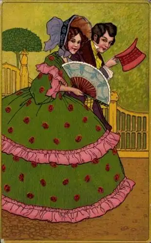 Litho Elegante Dame in grünem Kleid mit rosa Rüschen und Blüten, Mann im Frack, Fächer