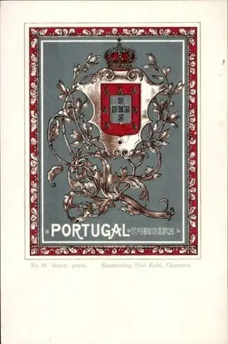 Wappen Litho Königreich Portugal, Paul Kohl Chemnitz No. 16