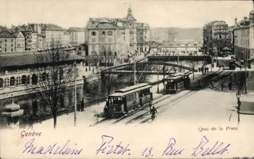 Ak Genf Genf Schweiz, Quai de la Poste, Straßenbahn