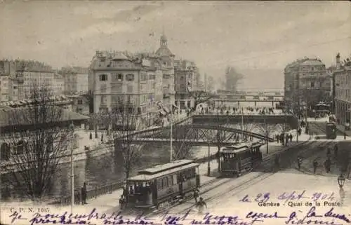 Ak Genf Genf Schweiz, Quai de la Poste, Straßenbahn